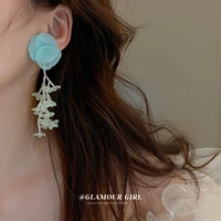 new korean long flower earrings bohemian handmade jewelry drop earring for women fashion fabric fringe dangle earring