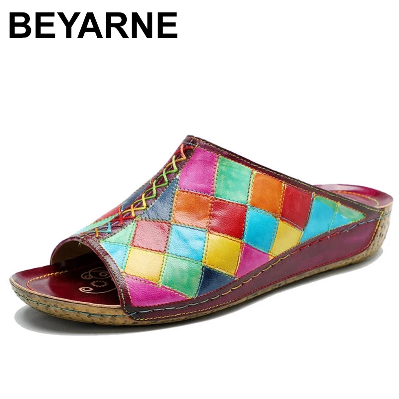 Luxury Slippers Women Designers 3cm Print Sheepskin Leather Ethnic Summer Flat Leisure Big Size Peep Toe Multicolor Shoes