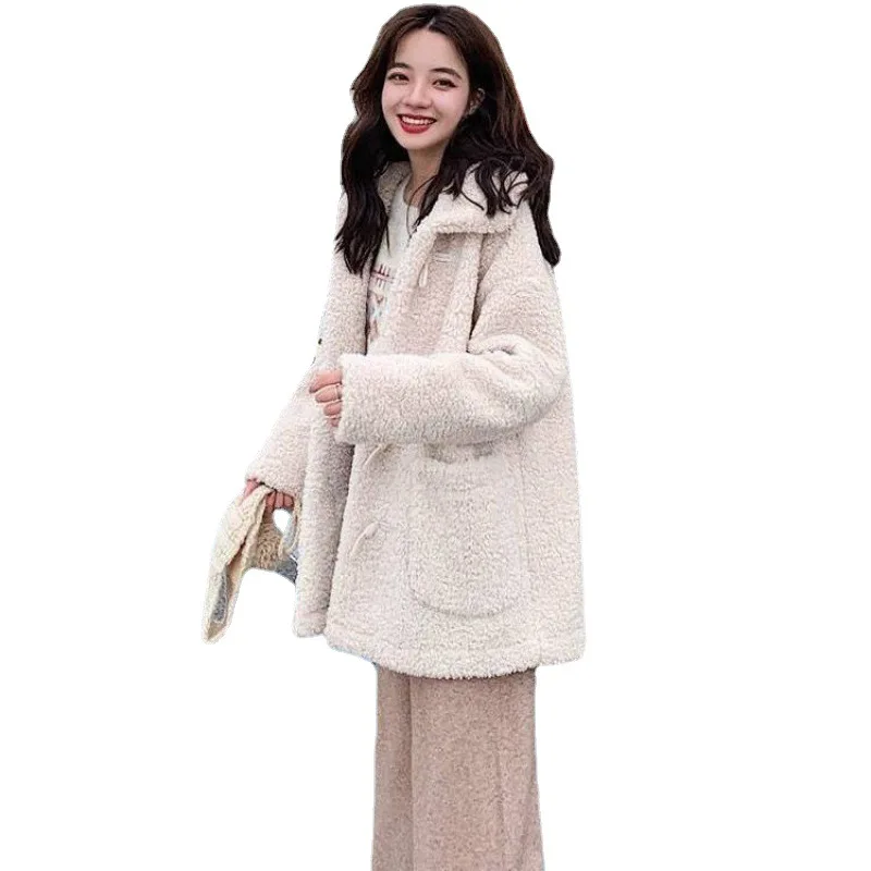 2022 autumn/winter Korean fashion of loose sweet granular cashmere faux lamb plush fur coat women's fur one coat Horn Button