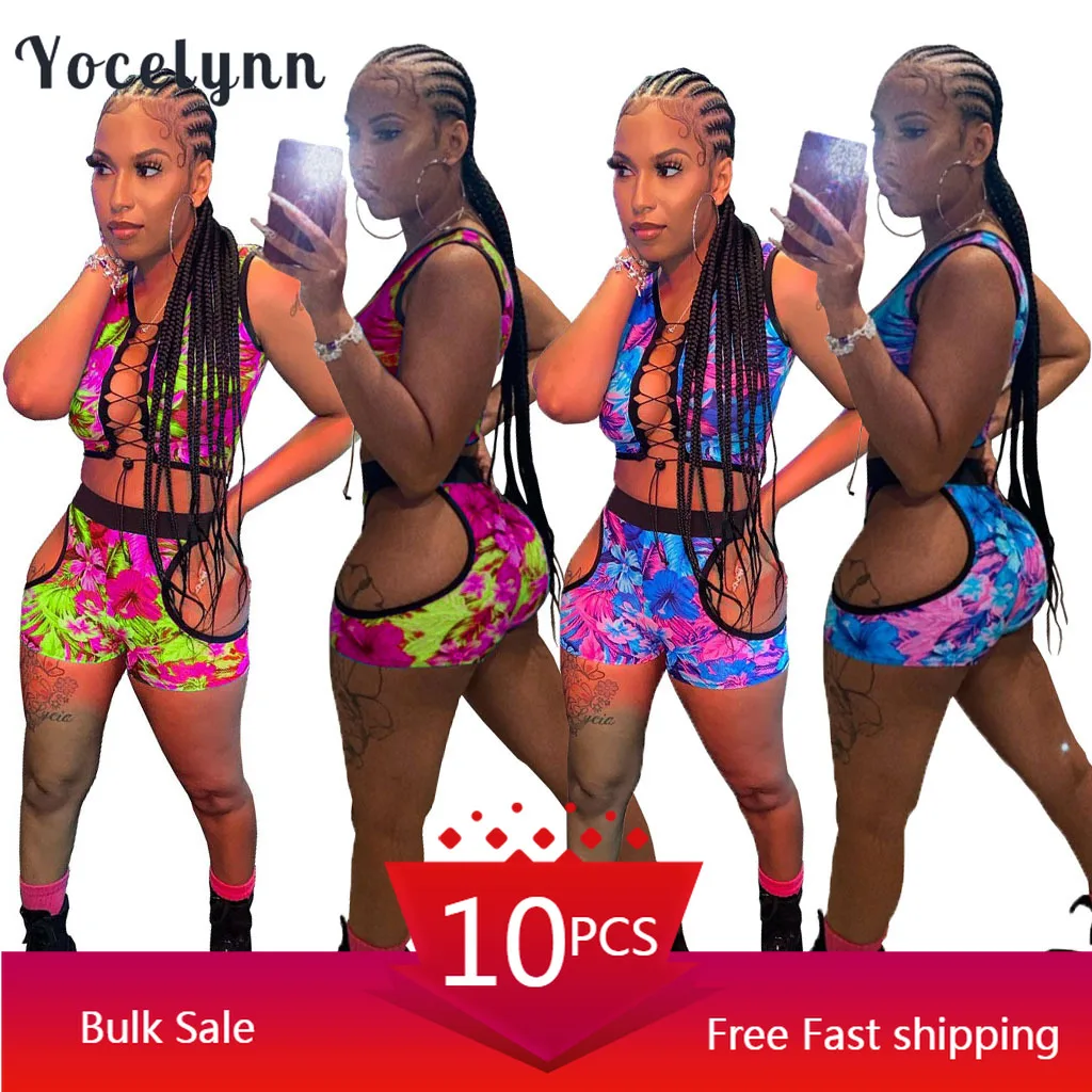 

Bulk Items Wholesale Lots Sexy Two Piece Outfits Women Bandage Crop Tops Hollow Out Shorts Summer Tie Dye Print Short Sets 2022