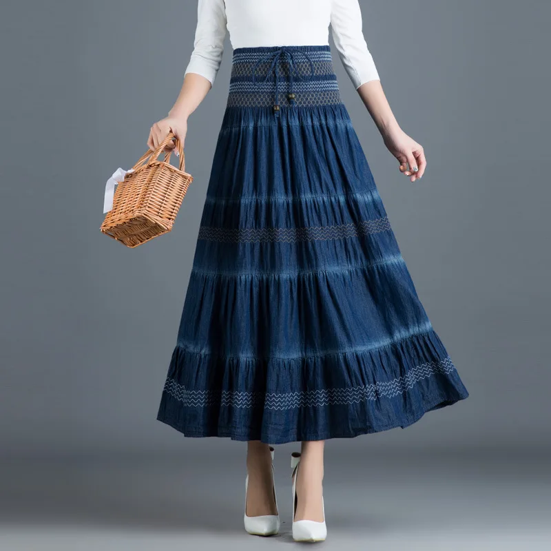 

Women High Waist Vintage Bohemian Big Swing Denim Long Pleated Skirt 2022 Spring Summer Elegant Beach Travel Loose Maxi Skirts