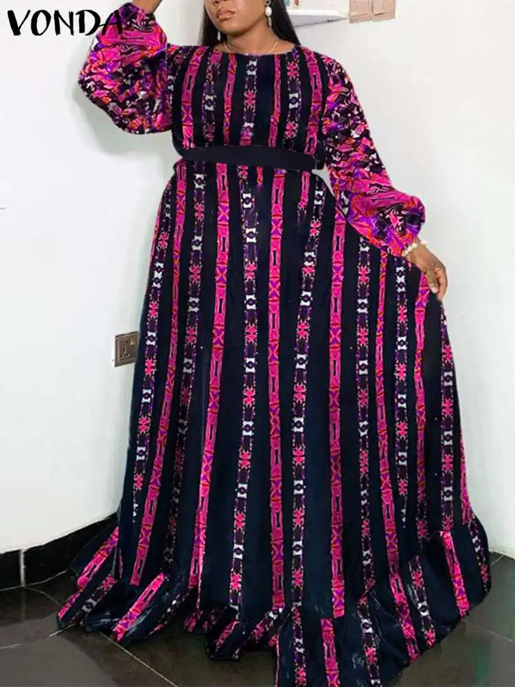 

VONDA Bohemian Dress Women Long Lantern Sleeve Printed Maxi Dress Vintage Belted Party Vestidos 2023 Casual Loose Ruffled Robe