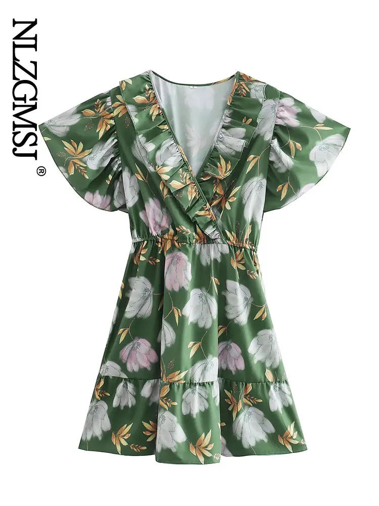 

Nlzgmsj Floral V-neck Mini Dress For Woman Sexy Short Sleeve Loose Beach Holiday Dress 2022 Female Summer Sundress Vestido