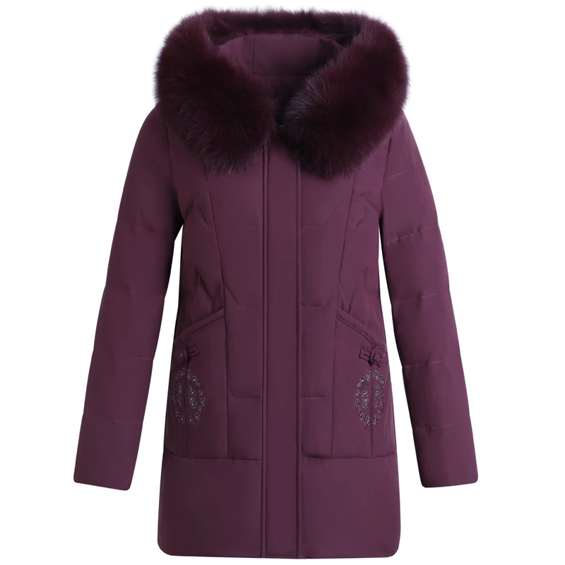 Middle-aged Women's Winter Down Jackets 2022 New Real Fur Collar Thick Warm White Duck Down Coats for Women Embroidery Parkas
