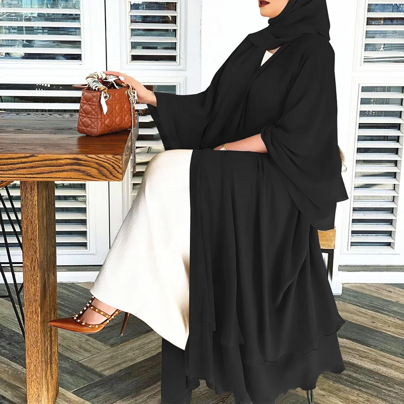 Luxury Double Layer Abayas For Women Soft Black Chiffon Kaftan Dubai Abaya Cardigan Dresses Muslim Woman Clothing