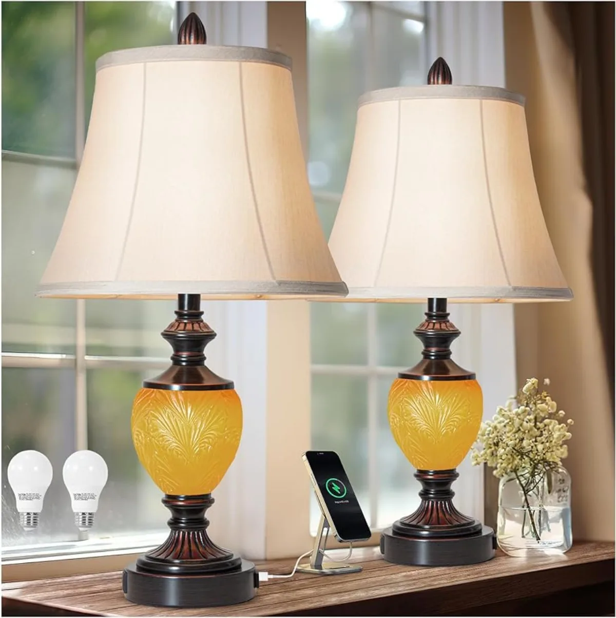 

LuxSight коллекция прикроватная настольная лампа набор из 2 с ночной подсветкой 2 USB порта розетка переменного тока с темной бронзовой отделкой