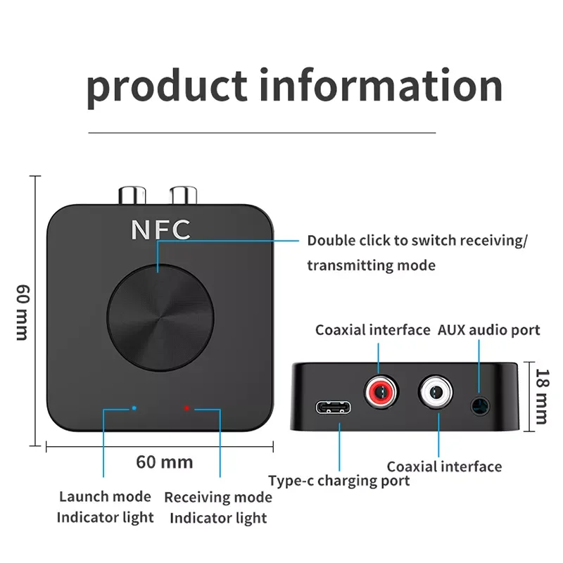 

5.0 Receiver Transmitter NFC Stereo 3.5mm Aux Jack RCA Type C Music HIFI Audio Wireless Adapter For Car Speaker TV PC