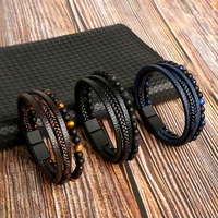 multilayer braided wrap leather bracelets for men vintage natural stone beads tiger eye weave bracelet men bangle fahion jewelry