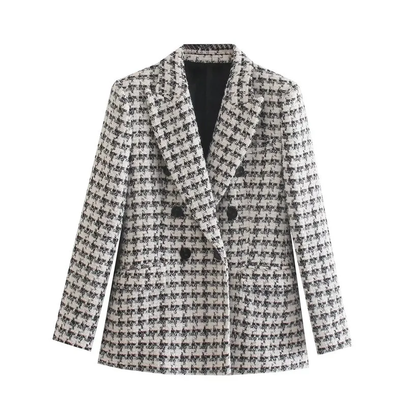

Spring Weave Houndstooth Tweed Office Blazer Coat Slim Notched Collar Long Sleeve Double Breasted Suit Jacket Ladies Outwear