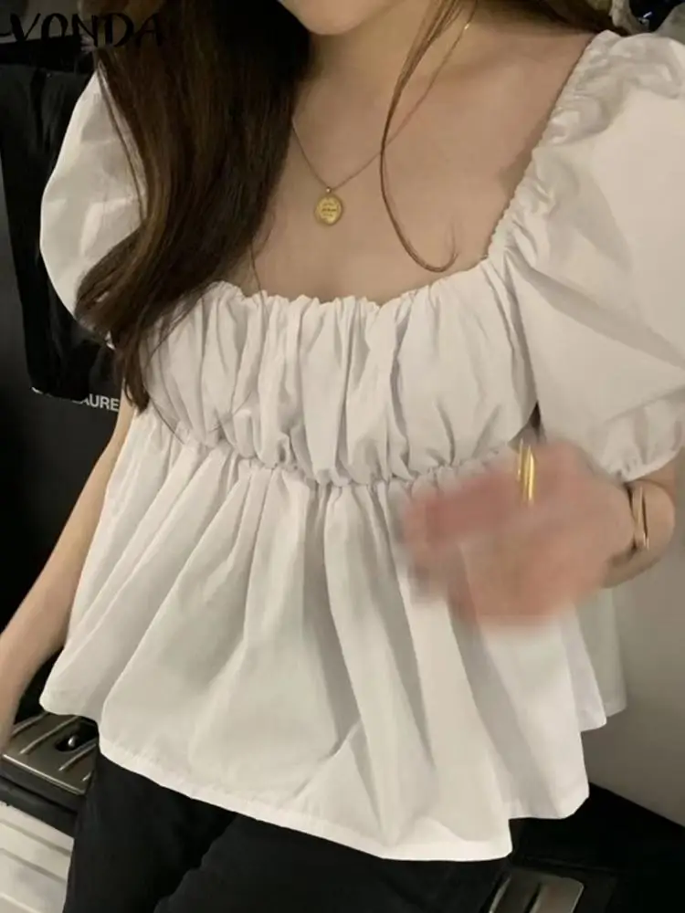 

Модная летняя блузка VONDA 2022 Y2K с квадратным вырезом, топы, женские рубашки с коротким рукавом, блузка, Женская однотонная уличная одежда, повс...