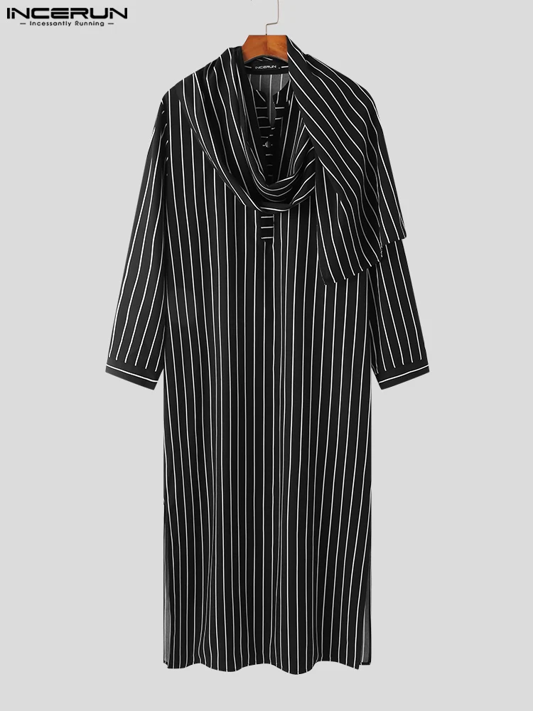 Fashion Casual Style Men's Robe INCERUN Wrapped Striped Jubba Thobe Islam Male Ring Leader Pendulum Fork Kaftan Robe S-5XL 2022