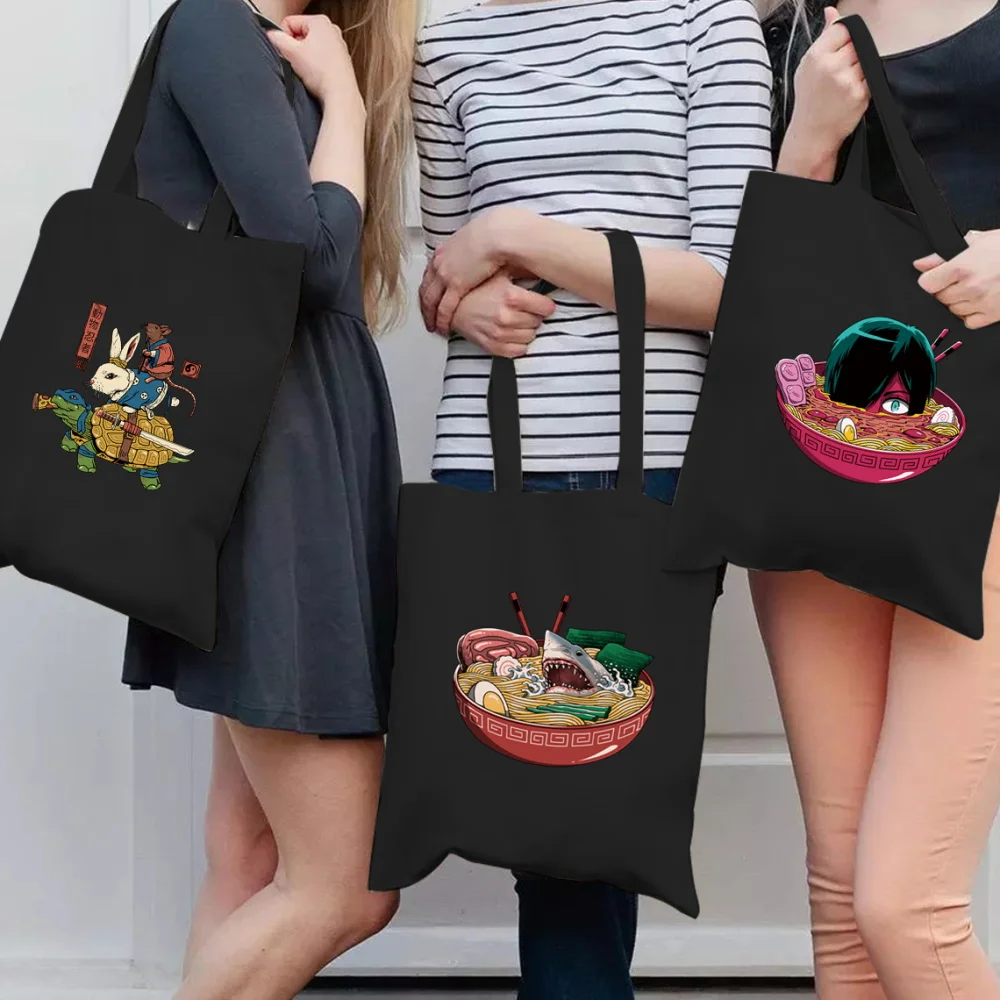 

Women Shopping Bags Tote Bag Eco Shopper Shoulder Bag Black Canvas Fashion Cute Cartoons Printing Handbag All-match Sundries Bag