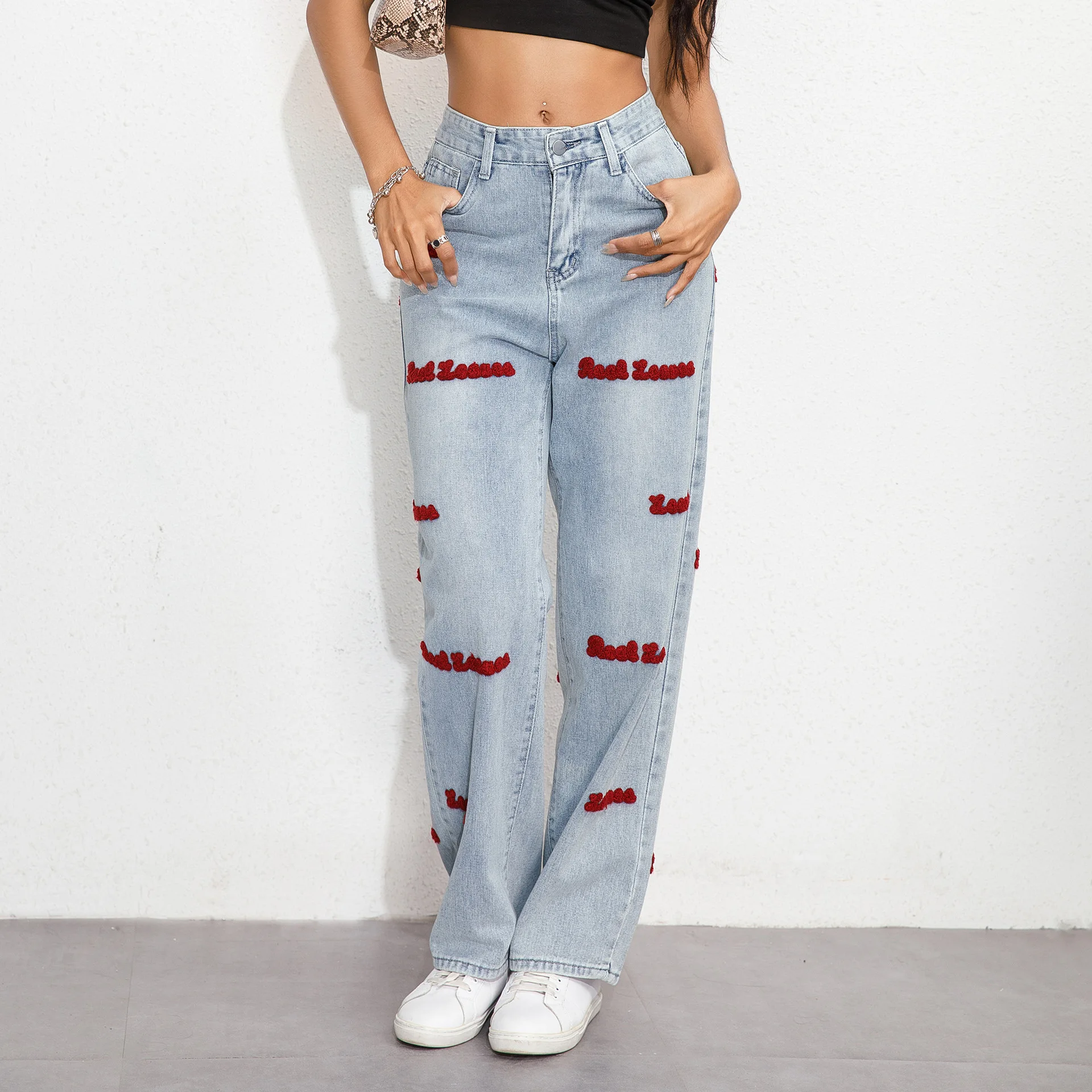 

Women's High Waist Letter Straight Jeans