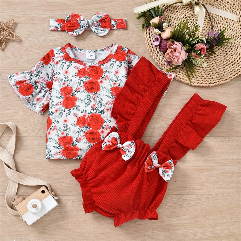

3 Pcs Baby Girls Clothes Summer Sets Flower Print Short Flared Sleeve T-shirt + Bowknot Decor Ruffle Suspender Shorts + Headband