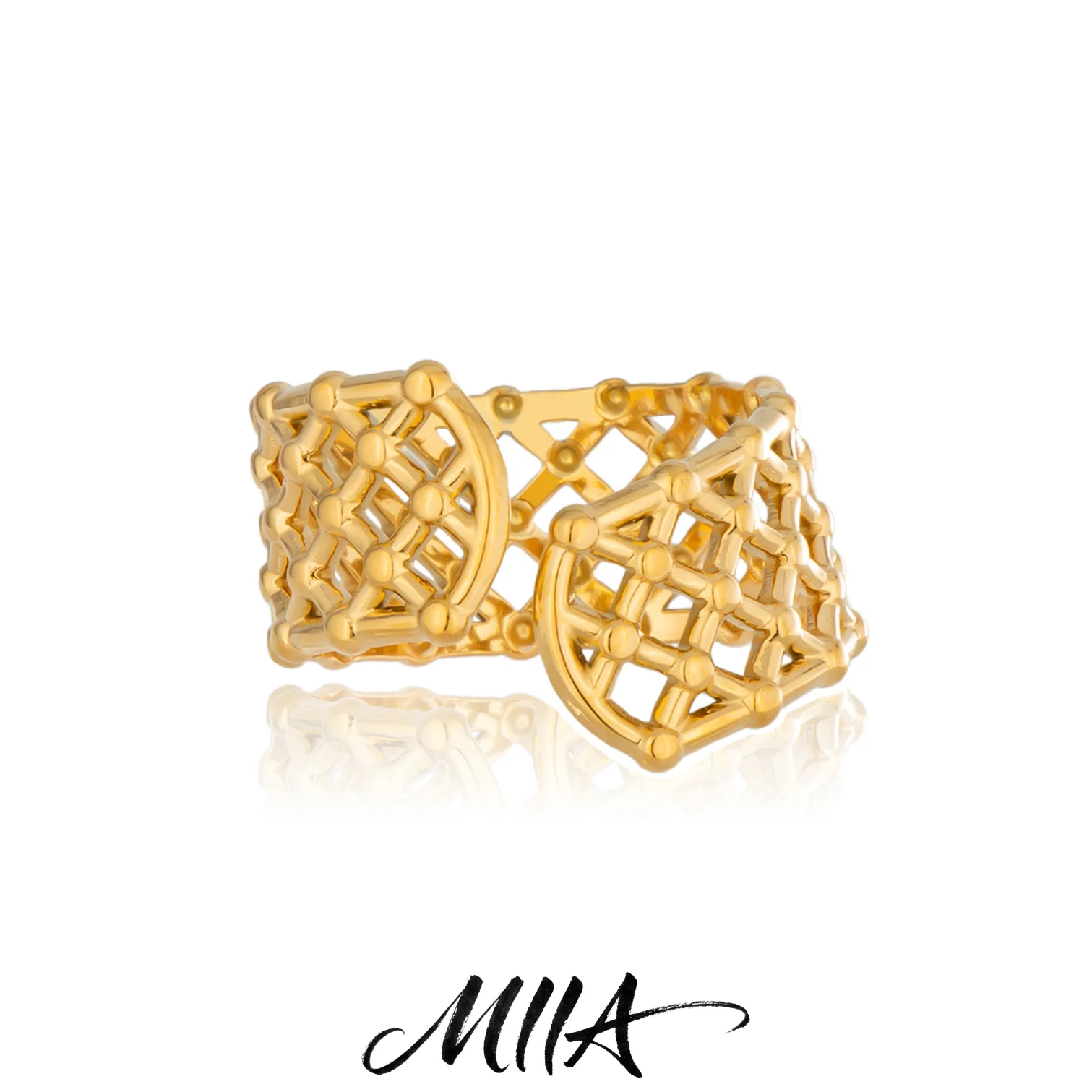Фото Кольцо-манжета Miia Jewelry из нержавеющей стали с покрытием из 18-каратного золота, широкое, с ажурной сеткой, геометрическим узором и бусинами, для женщин. №1
