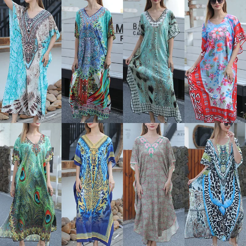 

2023 Long Dresses Swimwear Africa Clothing Middle Kuwait Green Feather Print Loose Robe Beach Skirt Bikini Sunscreen Shirt