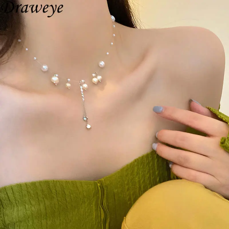 

Draweye Collares Para Mujer Pearls Tassels Sweet Summer Necklace for Women Korean Fashion Elegant Simple Chokers Vintage