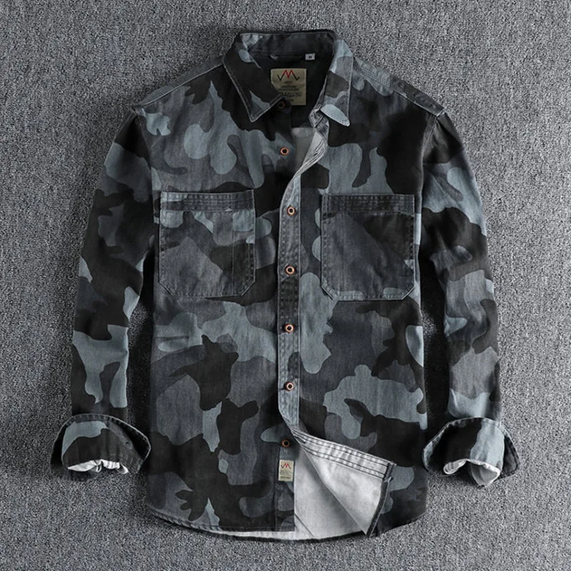 

Brand Male Camouflage Washed Twill Woven Cotton Long Sleeve Shirt Men's Workwear Pocket Retro Casual Daily Youth Shirt Jacket