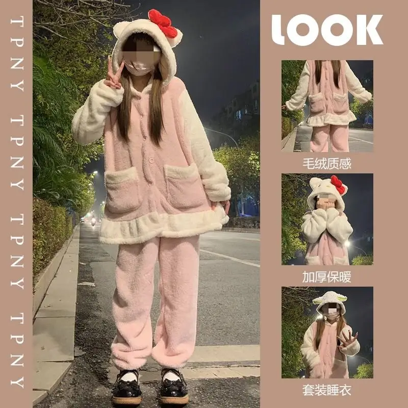 

Kawaii Sanrio Hello Kitty Bow Hooded Pajamas Anime Winter Coral Fleece Cartoon Cute Warm Thickening Home Clothes Gifts Girls