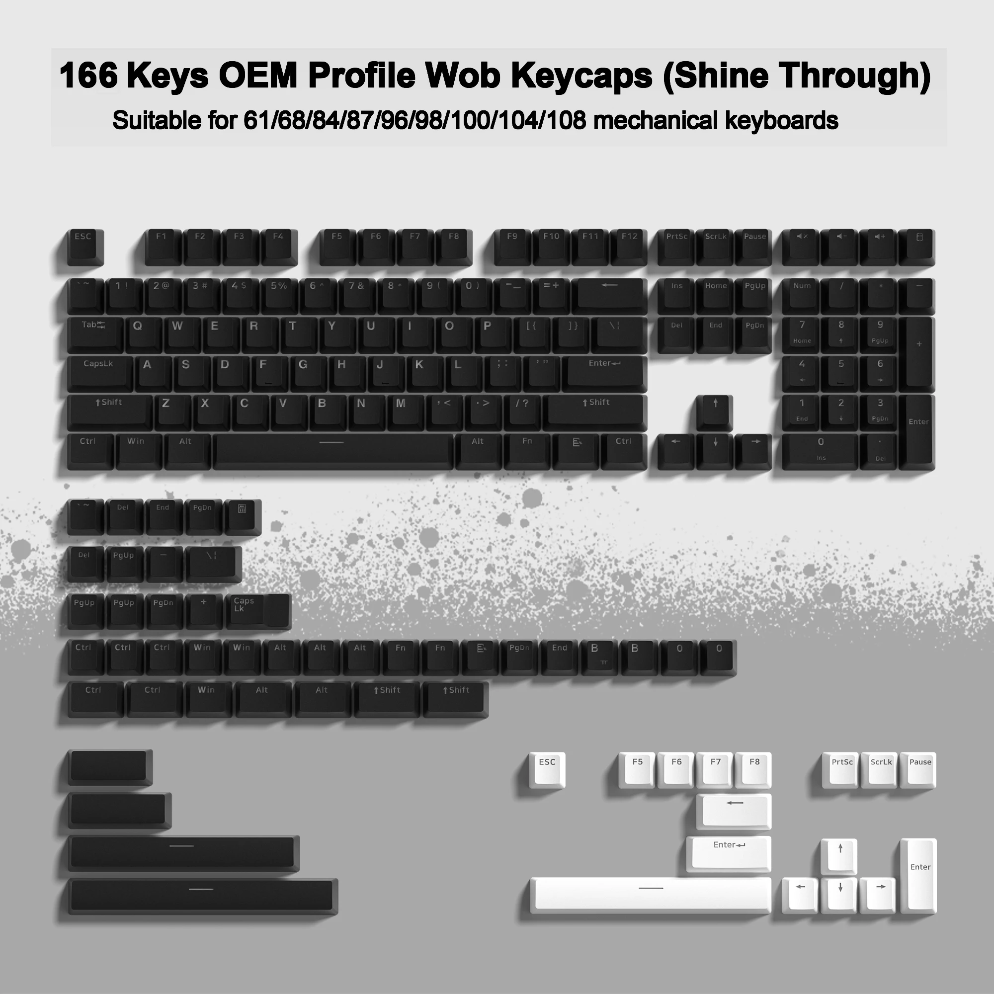 

166 Key WOB Backlit Black/ White PBT Keycaps OEM Profile Double-shot Key Cap for Cherry MX Switches Mechanical Gaming Keyboard
