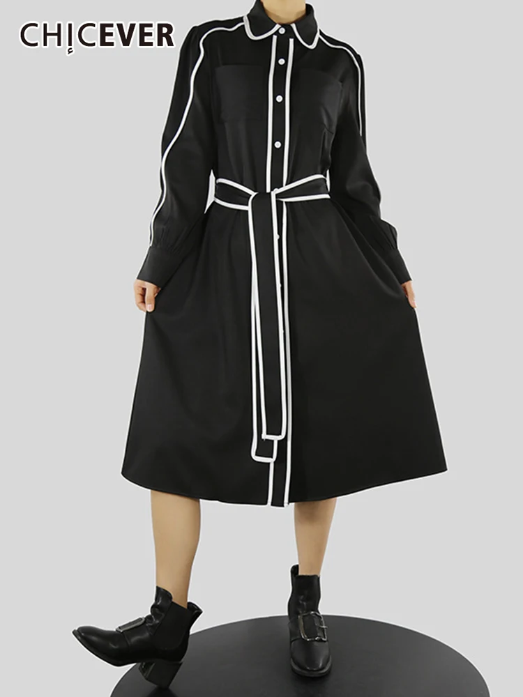 

CHICEVER Two Tone Loose Midi Dress For Women Lapel Long Sleeve High Waist Lace Up Fold Dresses Female 2022 Spring Stylish