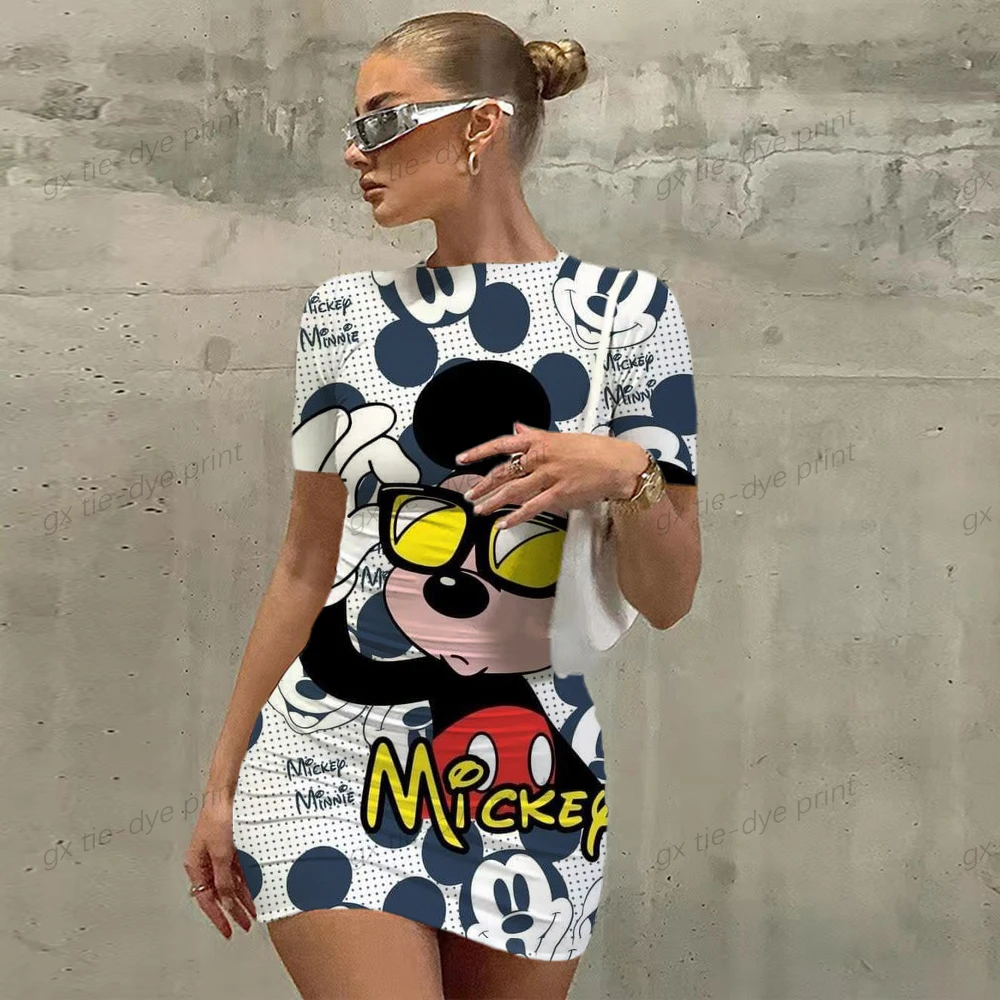 Summer Women's Short sleeve Bodycon Slim Dress Dresses Disney Minnie Mickey Mouse leopard print 3D print sexy club party dress