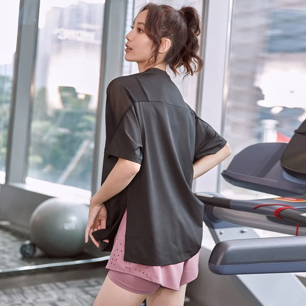 Свободная спортивная рубашка модная однотонная быстросохнущая для йоги дышащая