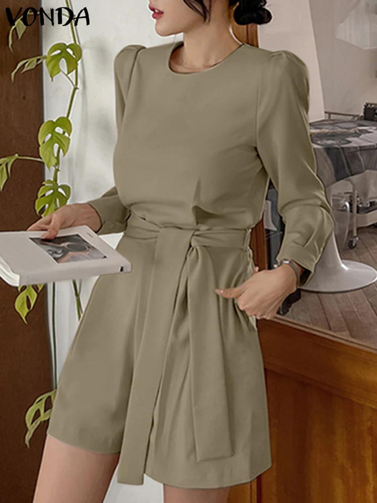 

Women Jumpsuits 2023 VONDA Vintage Long Sleeve Piece Jumpsuit Casual Solid Color Belted Rompers Holiday Beach Vestidos Femininas