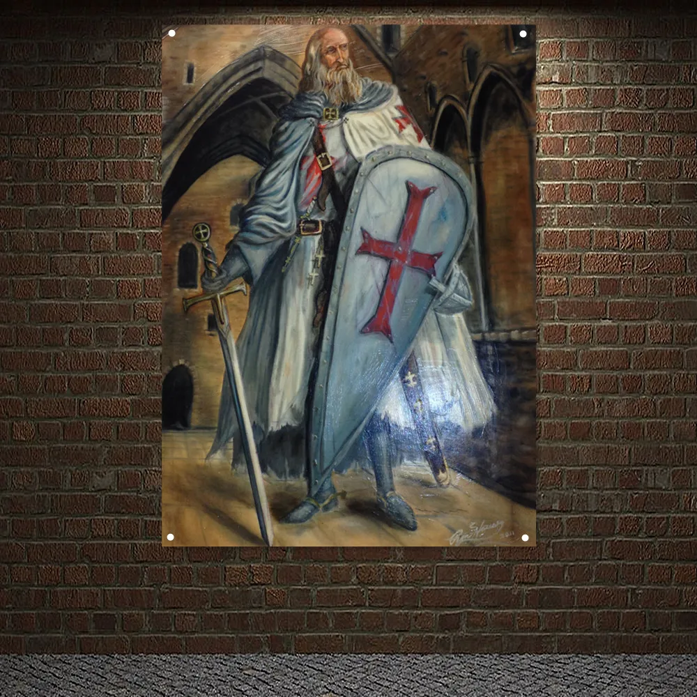 Tapestry Knights Templar Wall Art Posters and Prints Christ Crusades Warrior Flag Vintage Wall Decor Banner Canvas Painting E5