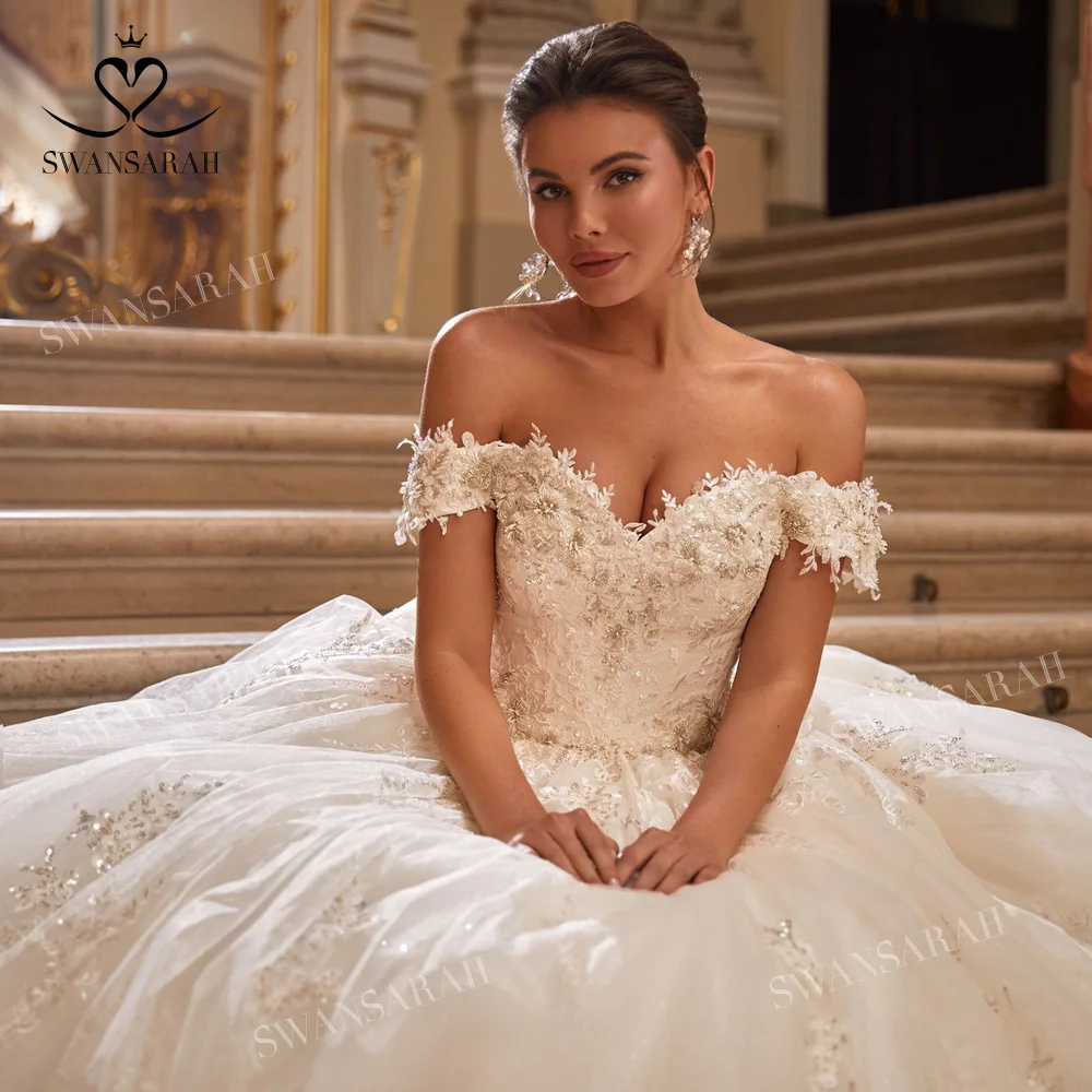 

Off the Shoulder Wedding Dress 2023 Appliques A-Line Court Train Princess Vestido De Novia SwanSarah AS148 Plus Size Bride Gown