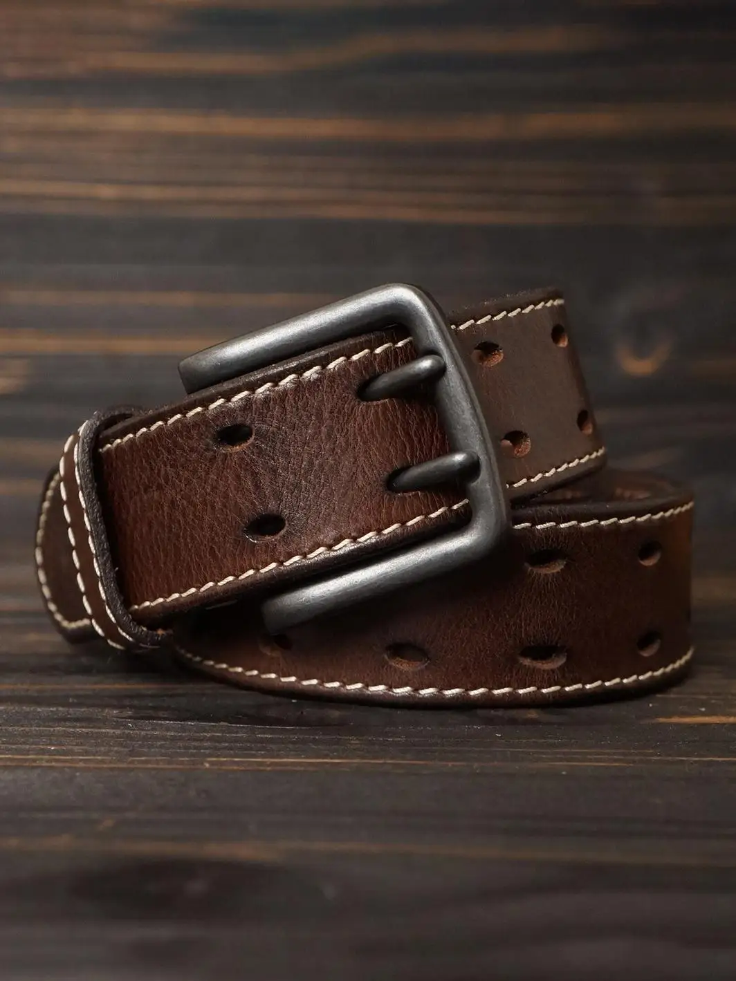 Американский ремень с двойной пряжкой мужской кожаный в стиле ретро полой