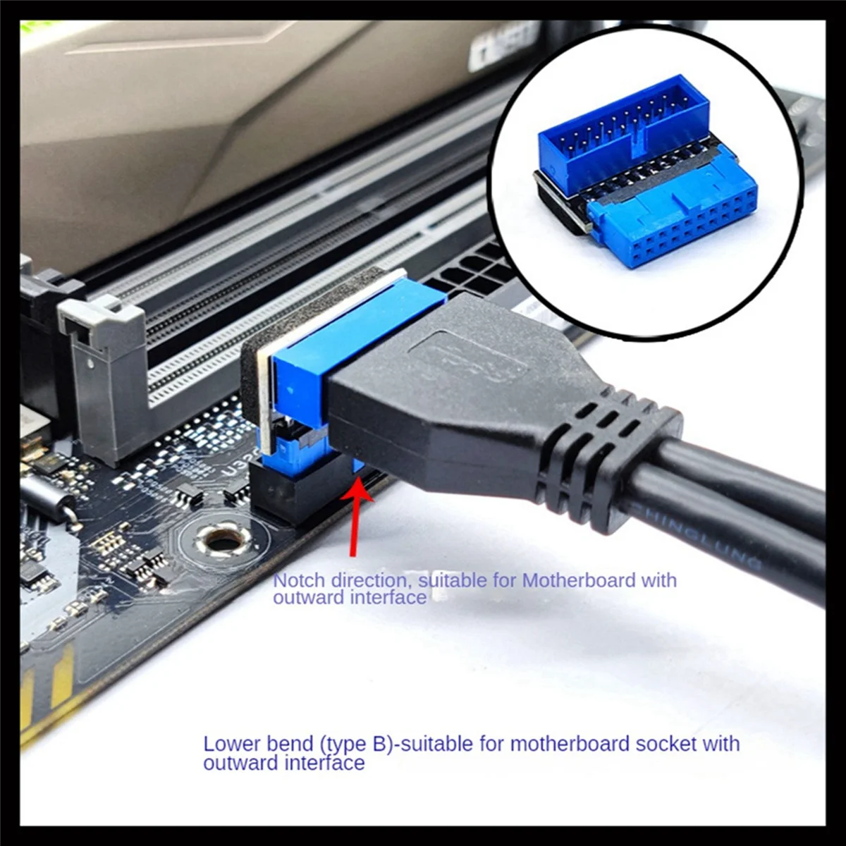 Фото B03B-USB-адаптер разъема USB3.2 GEN1 19-контактный/20-контактный разъем 90-градусный рулевой локоть-конвертер DIY настольная материнская плата B №2