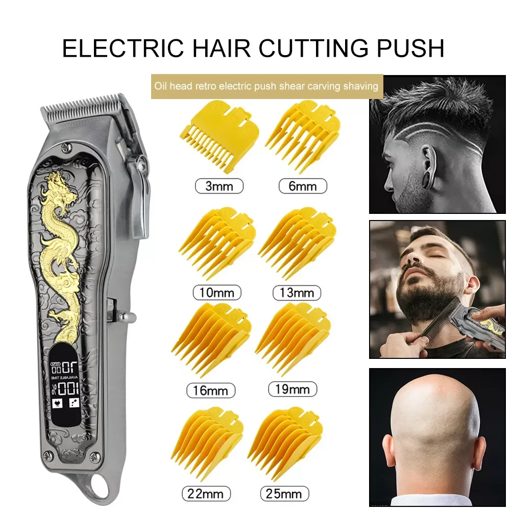Metal Hair Trimmer USB Charging LED Display Hair Cutting Machine Portable Man Hair Clipper Replaceable Limit Comb for Hair Salon