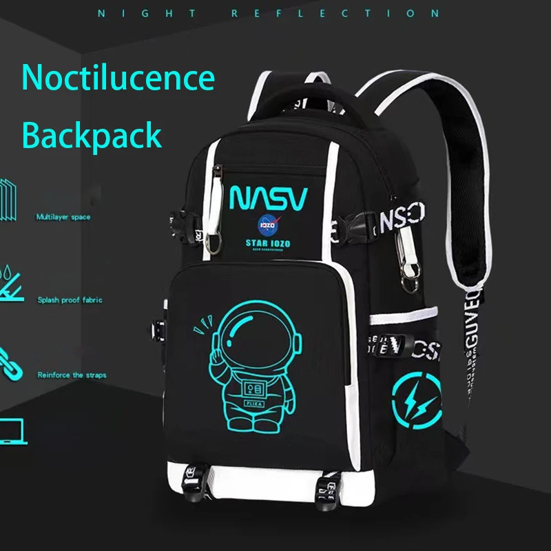 

Night Fluorescent Student Schoolbag Spaceman Print USB Charging Large Capacity Waterproof Children's Backpack Multifunction Bags
