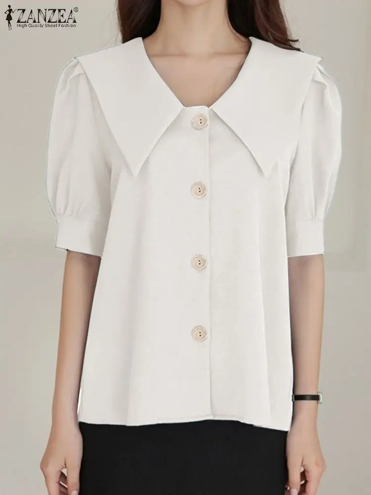 

Милые женские элегантные белые рубашки ZANZEA, однобортные летние блузы 2022, модные блузки с полурукавами-фонариками, женские топы с лацканами