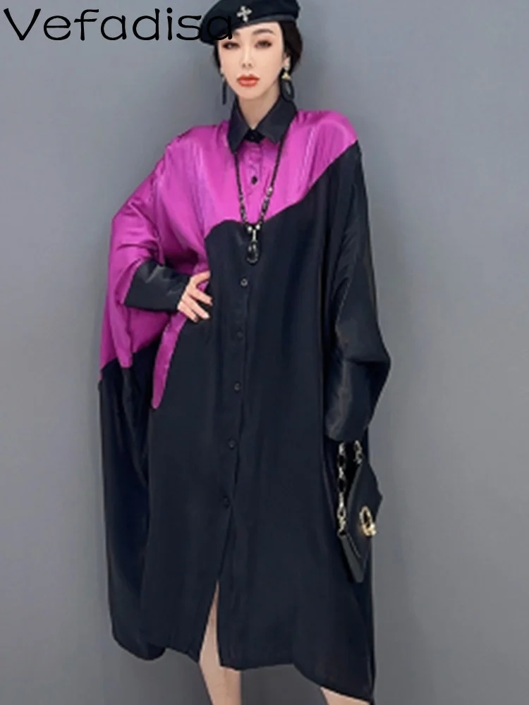

Vefadisa 2023 Spring Autumn Fashion Color Contrast Polo Collar Women Causal Long Sleeve Shirt Dress Trend Loose Dress LWL259