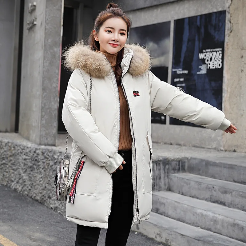 

Winter New Big fur Collar Down Cotton Jackets Women Fashion Embroidery Padded Parkas Ladies Casual Hooded Zipper Warm Outerwear