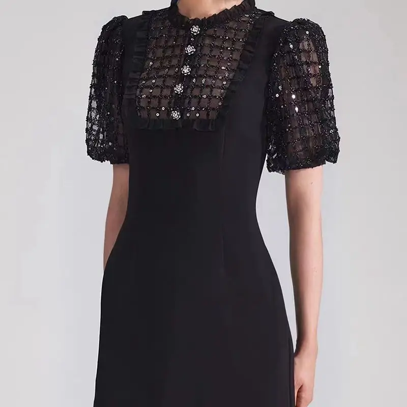 Women Dress 2023 Spring and Summer New Stand-up Collar Lace Sequins Lantern Sleeve Short Dress