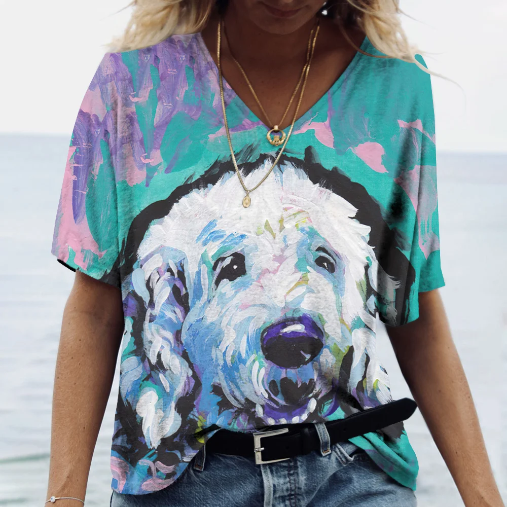 

Oil Paint Puppy Women's T Shirt Harajuku Clothes New Girls Pullover Tees V-neck Oversized Short Sleeve Tops Casual Blouse
