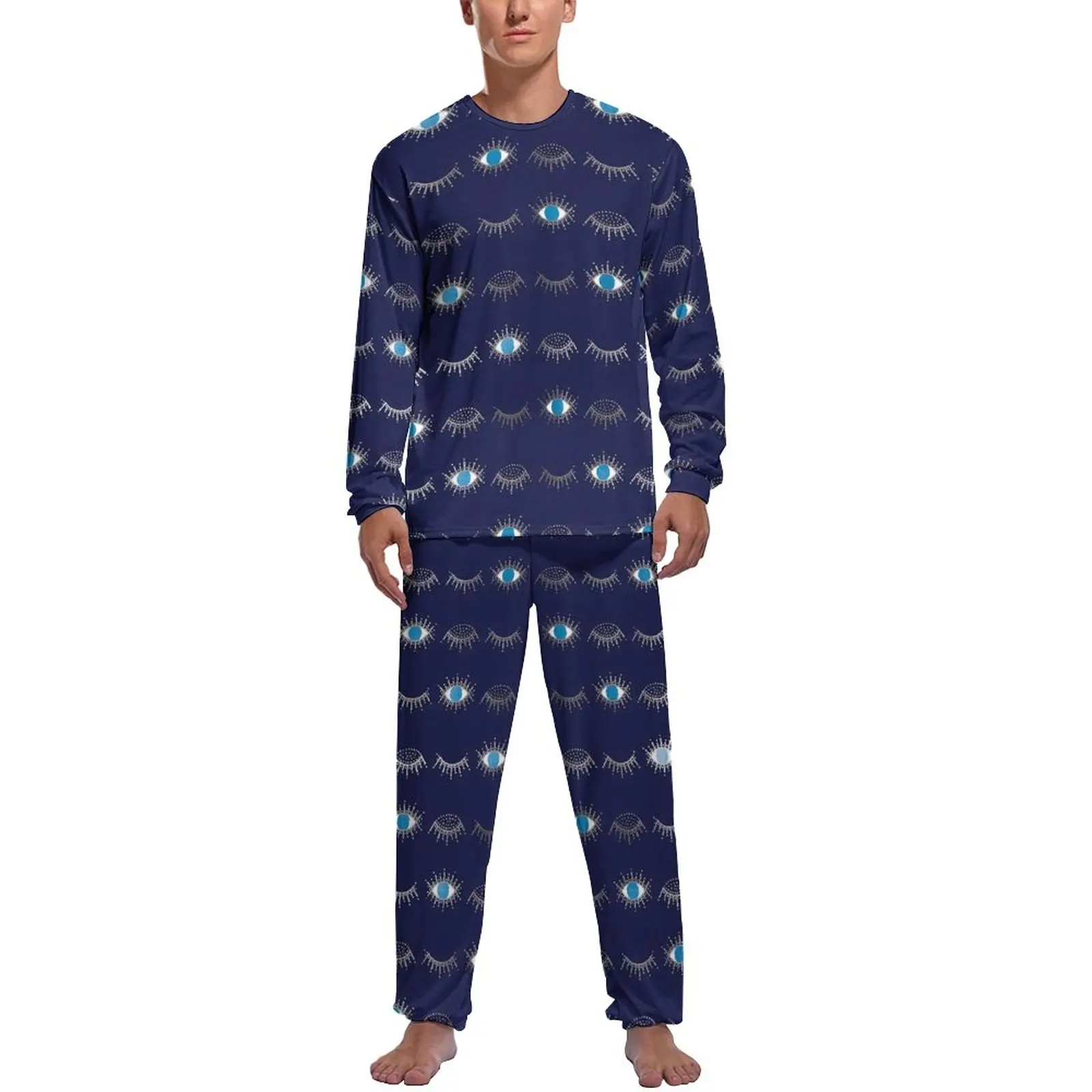 

Eyelashs Print Pajamas Blue Evil Eye Male Long-Sleeve Kawaii Pajama Sets Two Piece Sleep Autumn Pattern Home Suit Gift