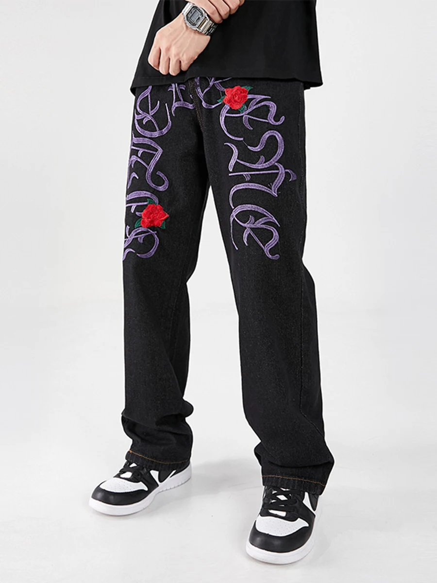 Y2K Men's Jeans European Style with Street Rose Embroidery Hip Hop Straight Loose Trousers Ins Hot Sale - Four Seasons