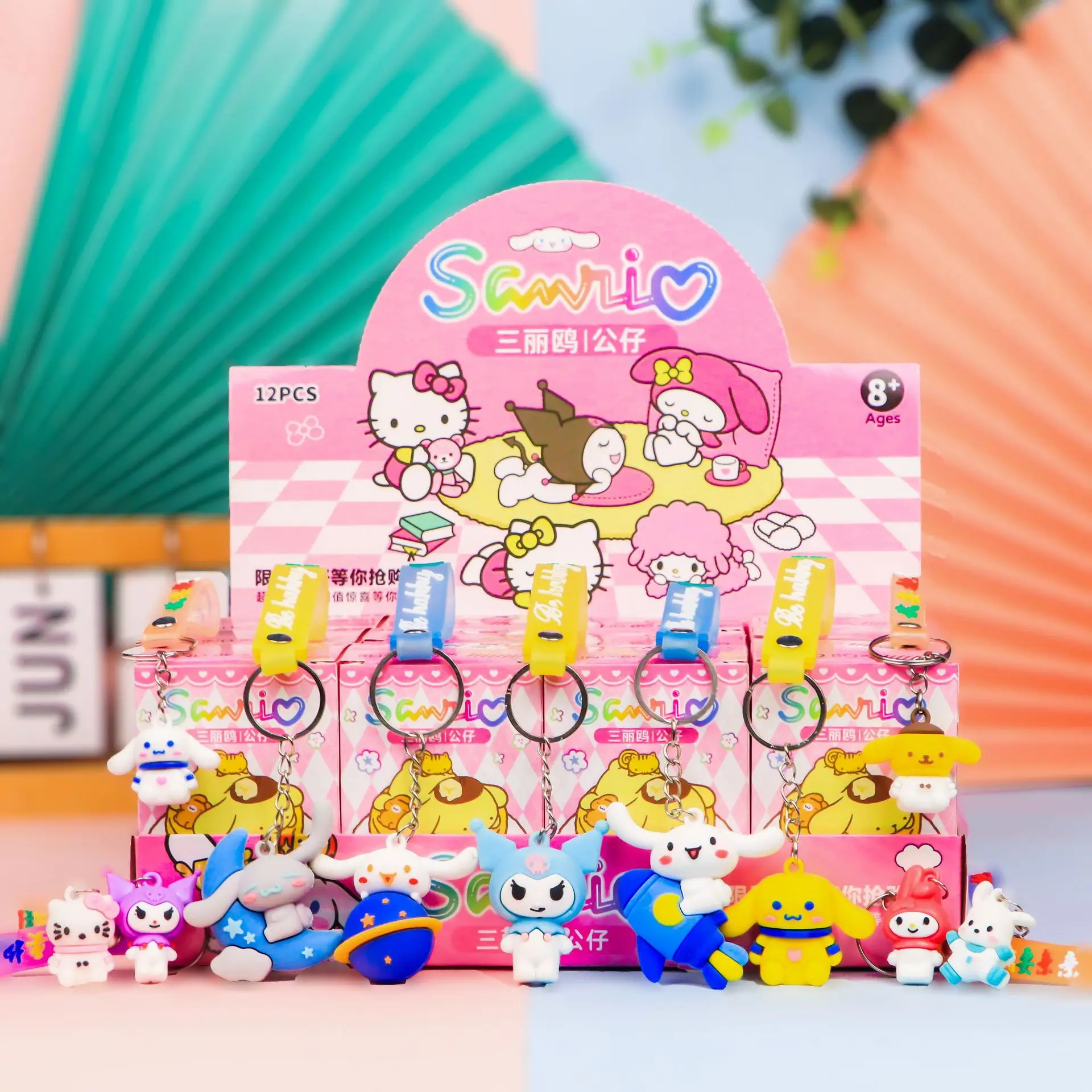 

12Pcs/Set Sanrio Blind Box Keychain Kawaii Kitty Cinnamoroll Kuromi Anime Figures Keyring Pendant for Children Toys Gifts