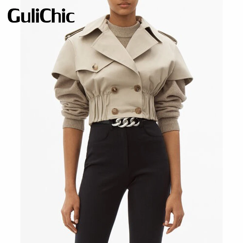 

5.7 GuliChic Women Double Breasted Slim Jacket Fashion Collect Waist Short Outerwear
