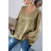 2022 summer womens shirt gold solid v neck lantern sleeve loose shirts female new elegant fashion office casual ladies clothes