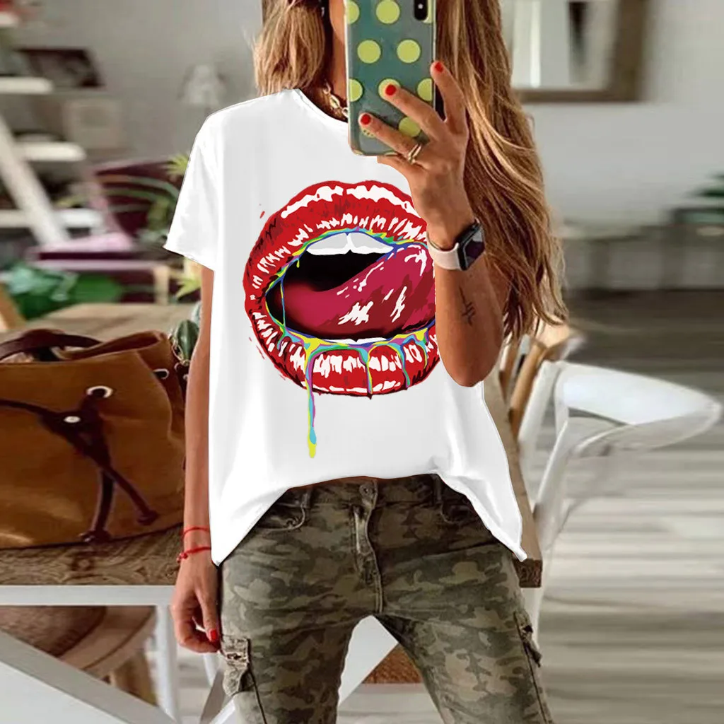 

White Cotton Shirts for Women Women Summer Lip Print Short Sleeve Shirt O Neck Casual Tops Blouse T Shirt Junior Girl