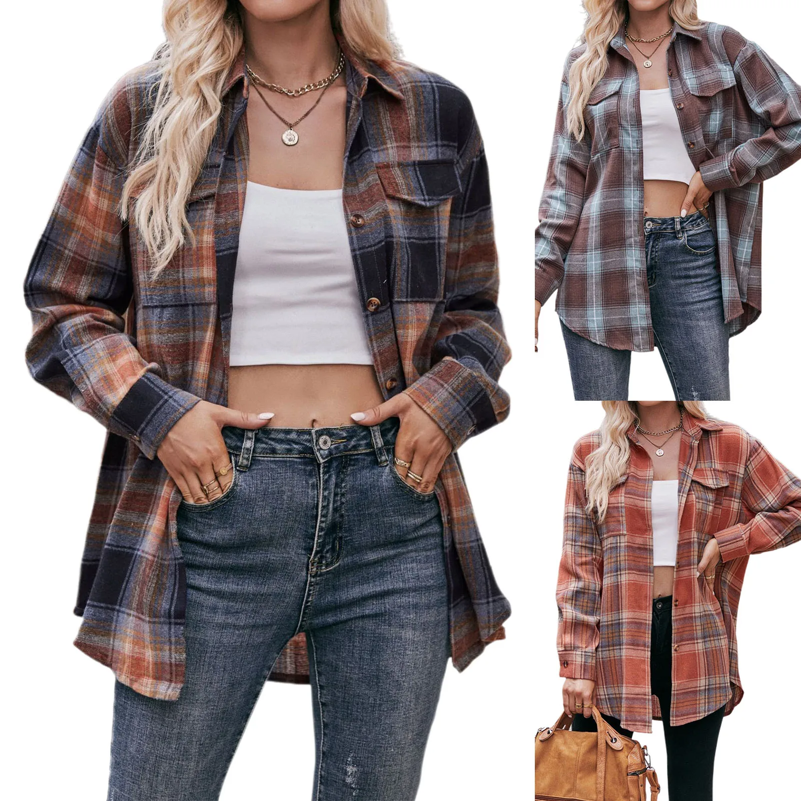 

Fashion Plaid Women Shirt Single Breasted Shirt Blouses with Pocket Lapel Collar Casual Style Loose Fit Female Streetwear Suit