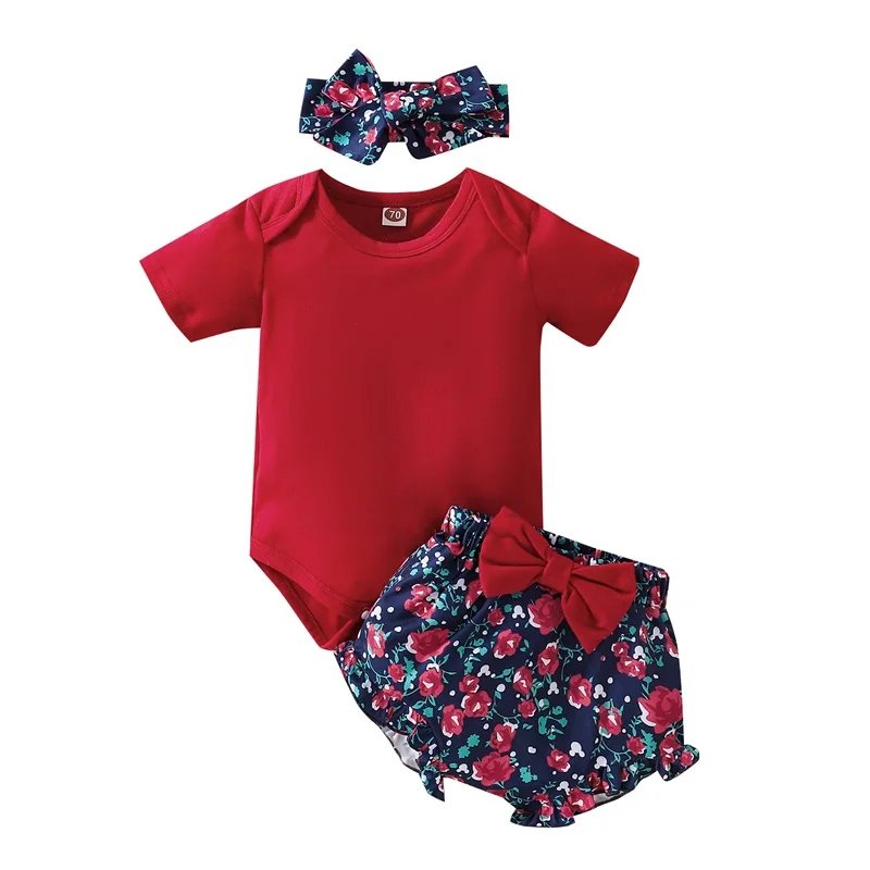 

Summer Newborn Kid Girls 3Pcs Outfits Short Sleeve Solid Romper Floral Shorts Headband Baby's Set
