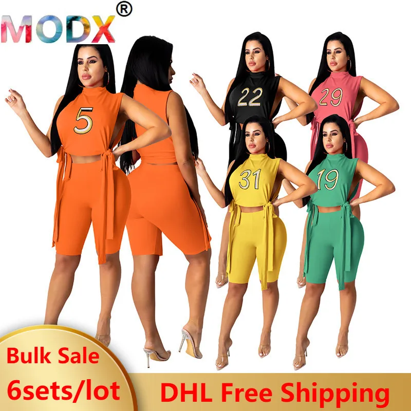 

6 Sets Bulk Wholesale Chic Summer Shorts Sets Two Piece Club Outfits Y2k Clothes for Women Crop Tops Capris Sexy Tracksuit 7088