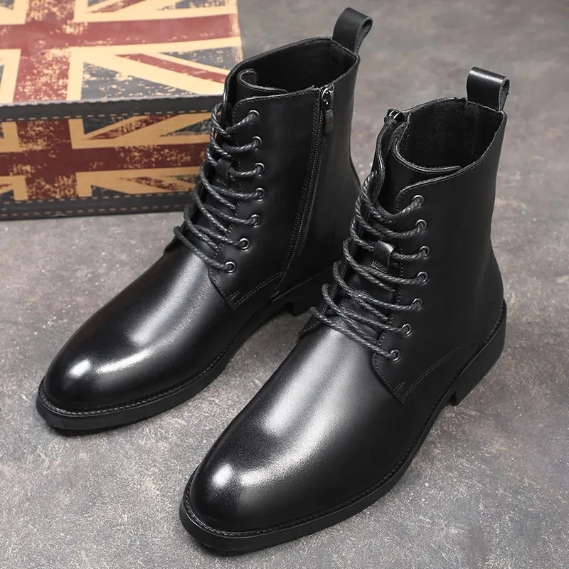 

Men's Leather Boots Korean Fashion Simple Leisure Versatile Leather Pointed Men's Boots Fashion High Top Lace Up Leather Boots