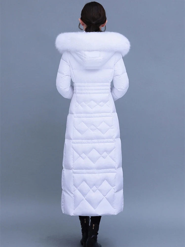 New Women Long Down Coat Winter Fashion Thicken Warm Real Fox Fur Collar Slim Lengthened Down Jacket White Duck Down Overcoat